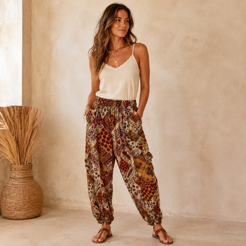 Christian Soriano Patchwork Print Rayon Boho Jogger Baggy Pants Elastic Waist Lg